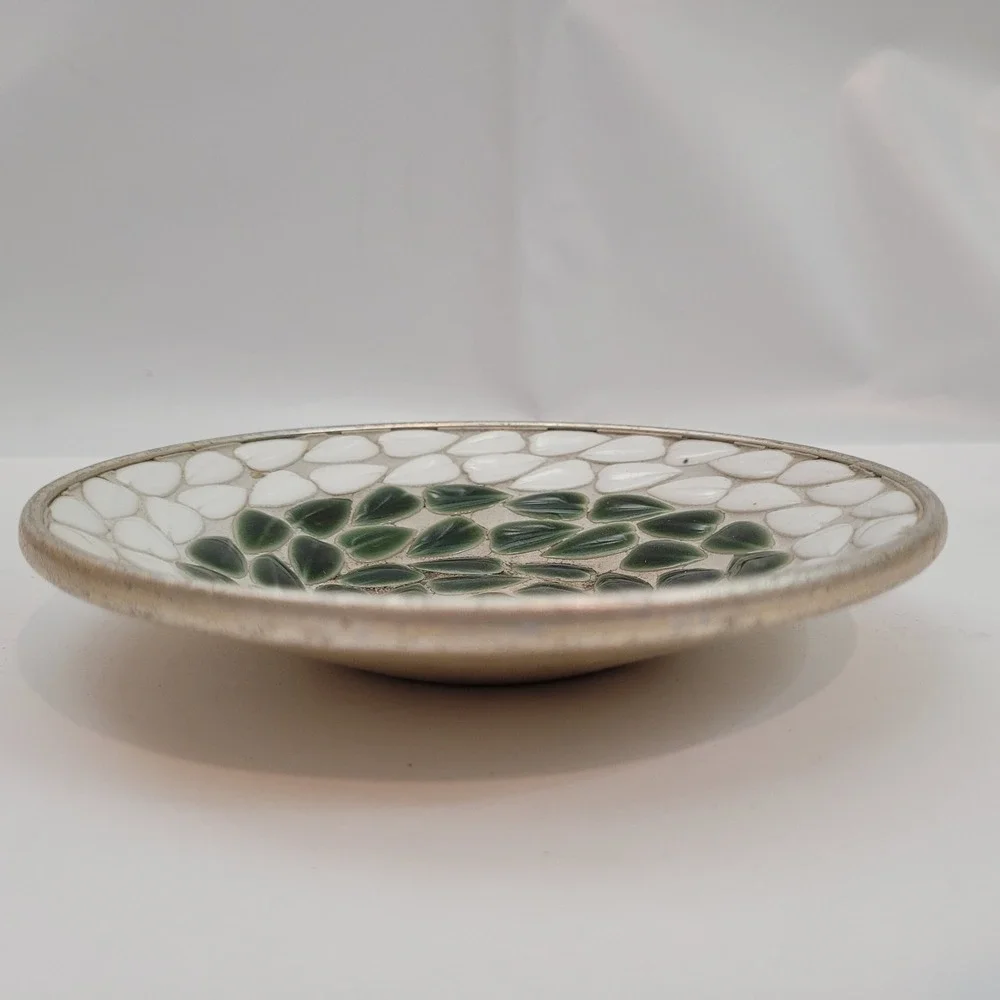 Vintage Trinket‎ Dish Green White Mosaic Spiral Gold Tone Metal 5in Mid Century